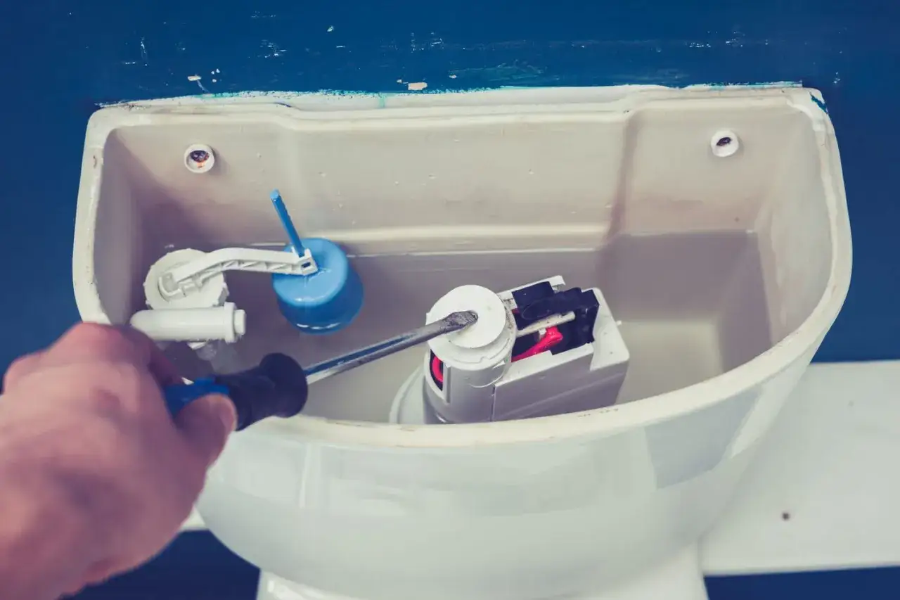 Main tenant utilise un tournevis pour changer la chasse d'eau de ses toilettes.