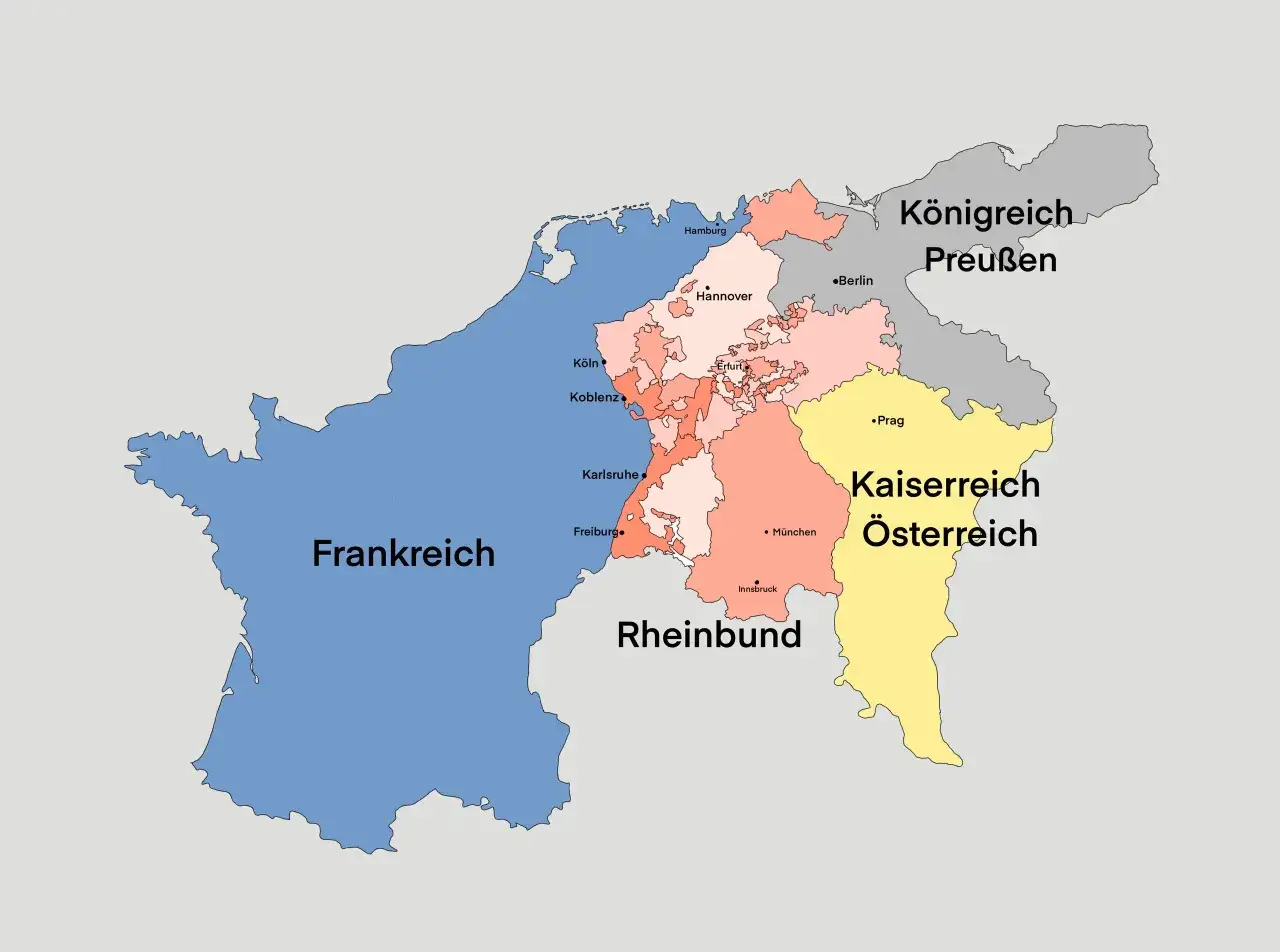 Karte zeigt Frankreich, den Rheinbund und das K&ouml;nigreich Preu&szlig;en. Napoleon in Deutschland: Die Karte illustriert die damalige politische Landschaft.