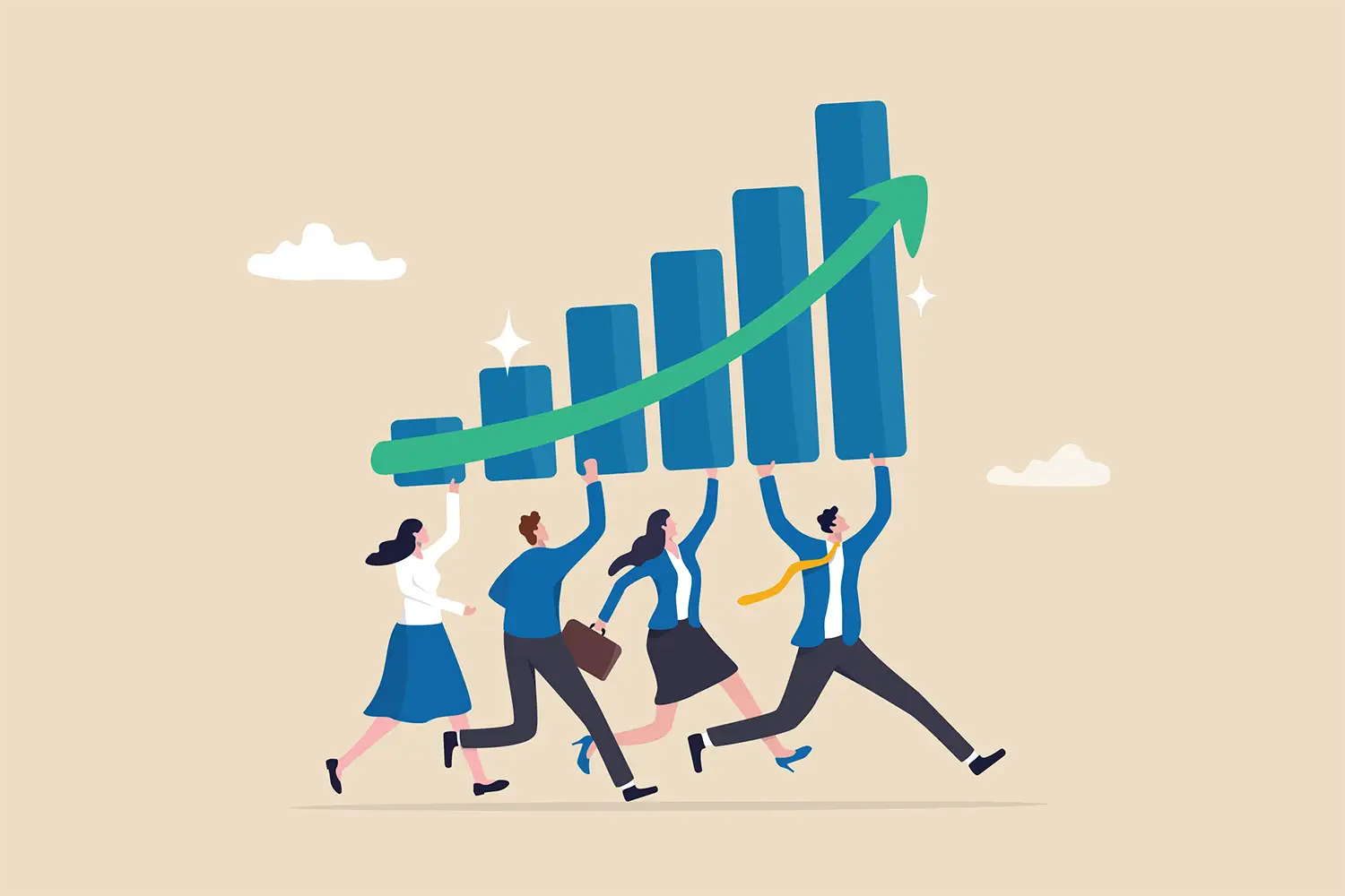 Team carrying a bar graph with an upward arrow, symbolizing successful investment management for nonprofit organizations.