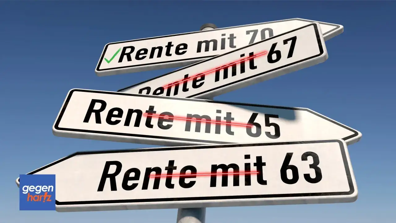 Wegweiser mit Optionen f&uuml;r das Renteneintrittsalter 70, 67, 65 und 63. Nur 