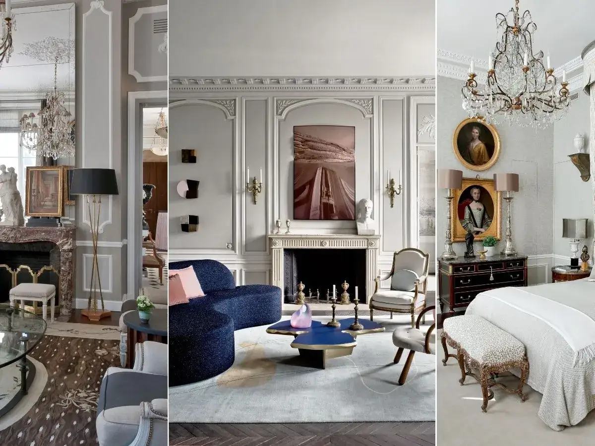 Elegante Wohnr&auml;ume im Regency-Stil mit opulenten Kronleuchtern, antiken Portr&auml;ts und luxuri&ouml;sen M&ouml;beln.