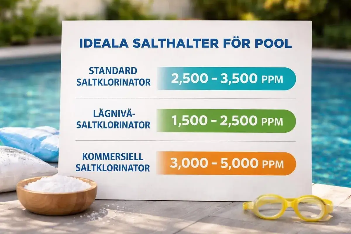 Information om ideala salthalter för pool med saltklorinator. Visar nivåer för standard, lågnivå och kommersiell saltklorinator.