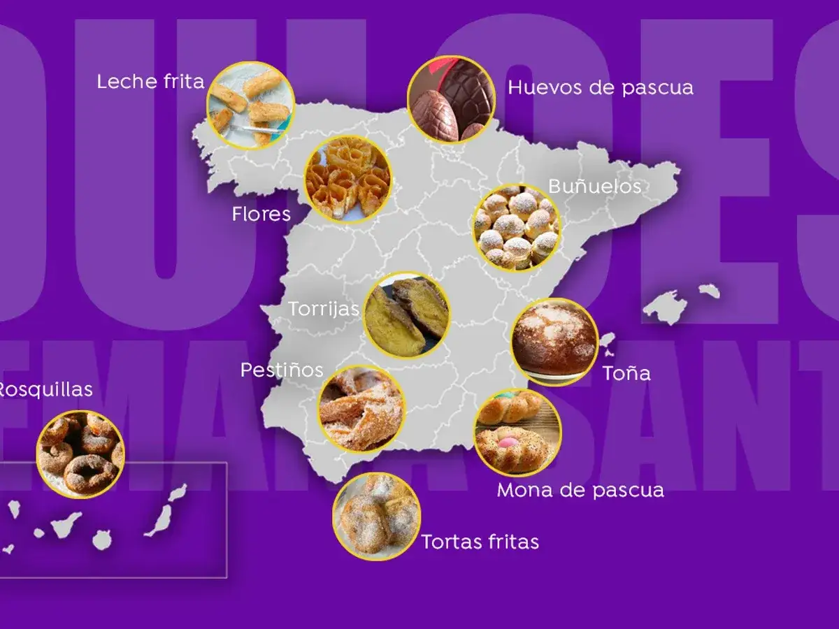 Mapa de España con dulces típicos de Semana Santa: leche frita, flores, torrijas, pestiños, rosquillas, huevos de pascua, buñuelos, toña, mona de pascua y tortas fritas.