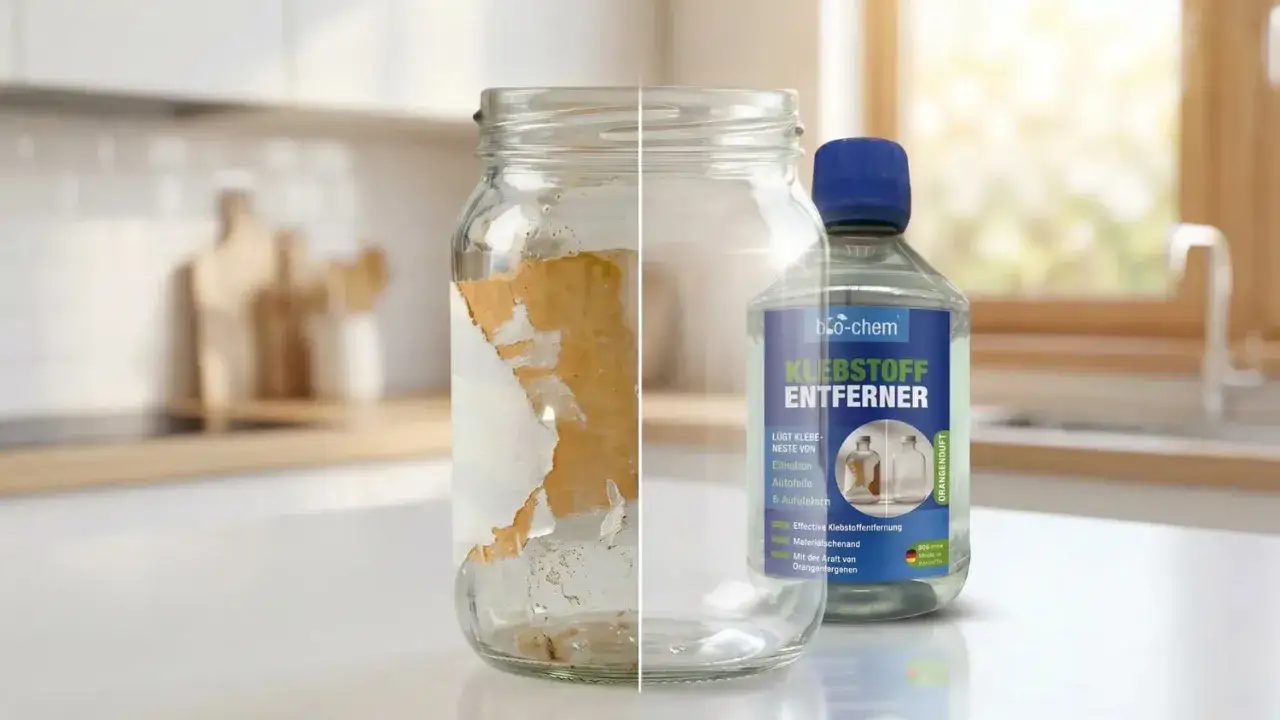 Glasflasche mit hartn&auml;ckigen kleberesten, daneben eine Flasche Klebstoffentferner.