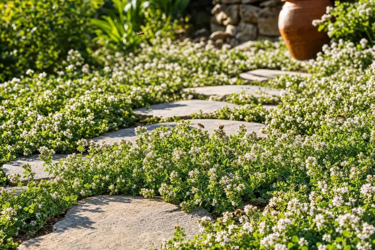 Sentier de dalles de pierre traversant une **plante aromatique plein soleil** couverte de petites fleurs blanches. Des abeilles butinent joyeusement.