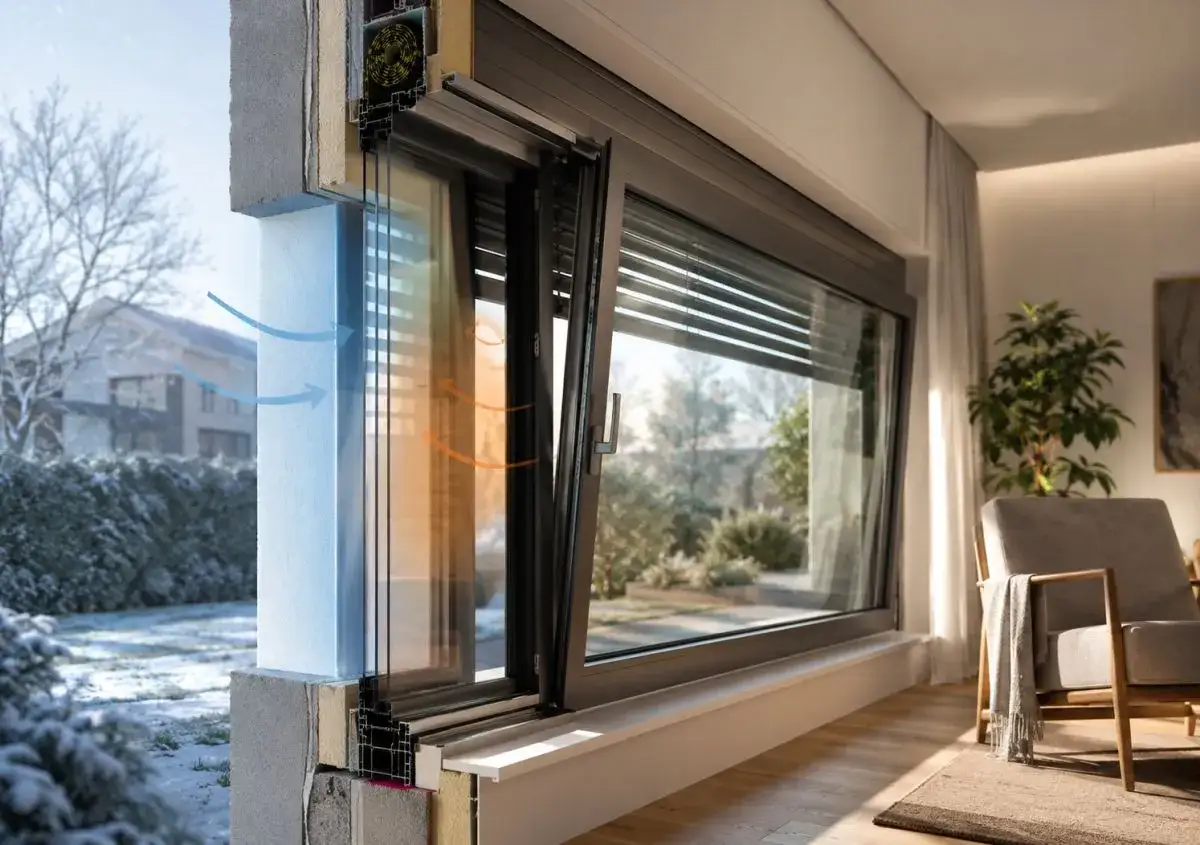 Sezione di un infisso moderno che mostra come il cambio infissi migliora la classe energetica, bloccando il freddo esterno e trattenendo il calore interno.