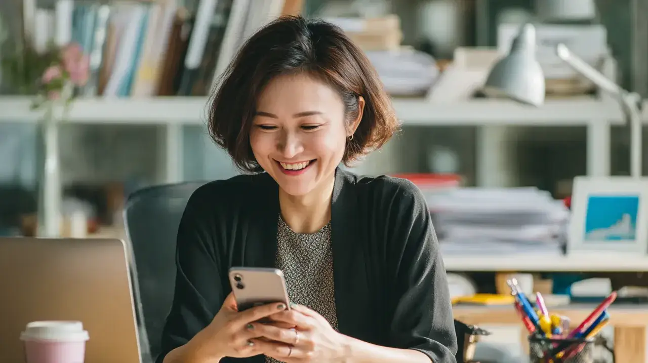 Donna sorridente al telefono, con un laptop e una tazza rosa sulla scrivania. Non procrastinare, agisci ora!