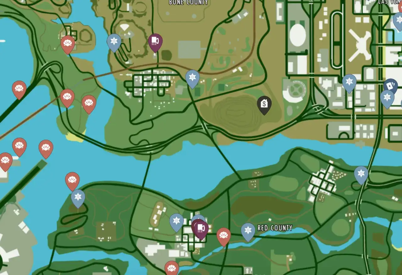 Mapa de San Andreas con marcadores de misiones: conchas rojas, estrellas azules de policía y un símbolo de dólar.