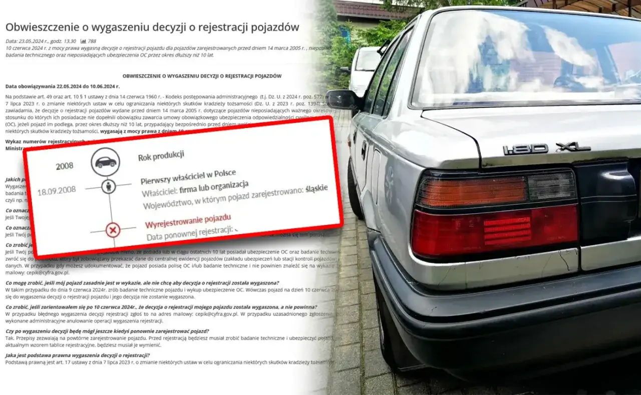 Srebrny sedan z lat 90. z dokumentem informującym o wygaszeniu decyzji o rejestracji pojazdu, bo poprzedni właściciel nie przerejestrował auta.