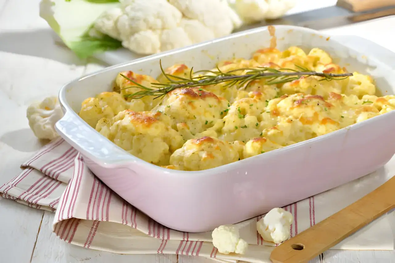 Coliflor gratinada con bechamel cremosa, decorada con romero y perejil. Un plato reconfortante y delicioso.