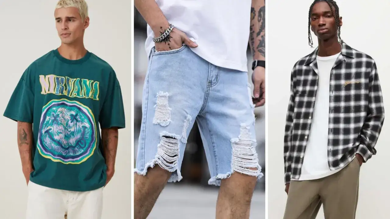Trzech mężczyzn w stylizacjach grunge: zielona koszulka Nirvana, podarte jeansowe szorty i kraciasta koszula.