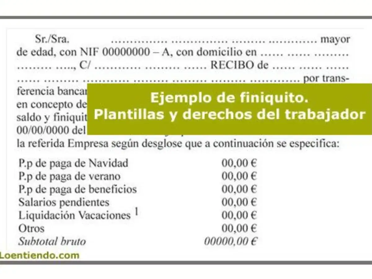 Documento de ejemplo de finiquito, que detalla conceptos como salarios pendientes y liquidación de vacaciones. El finiquito se declara en la renta.