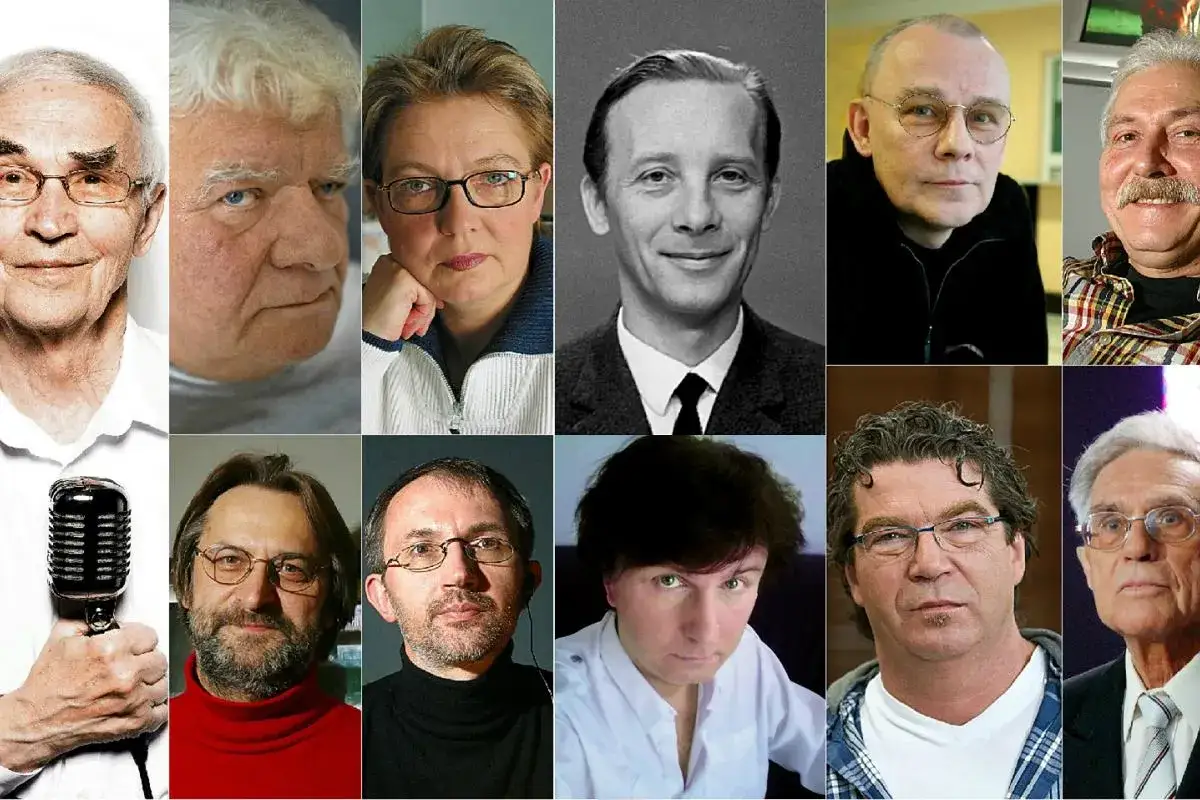 Kolaż portret&oacute;w znanych polskich lektor&oacute;w, w tym Krystyny Czub&oacute;wny, Jerzego Zelnika i Jana Suwina.