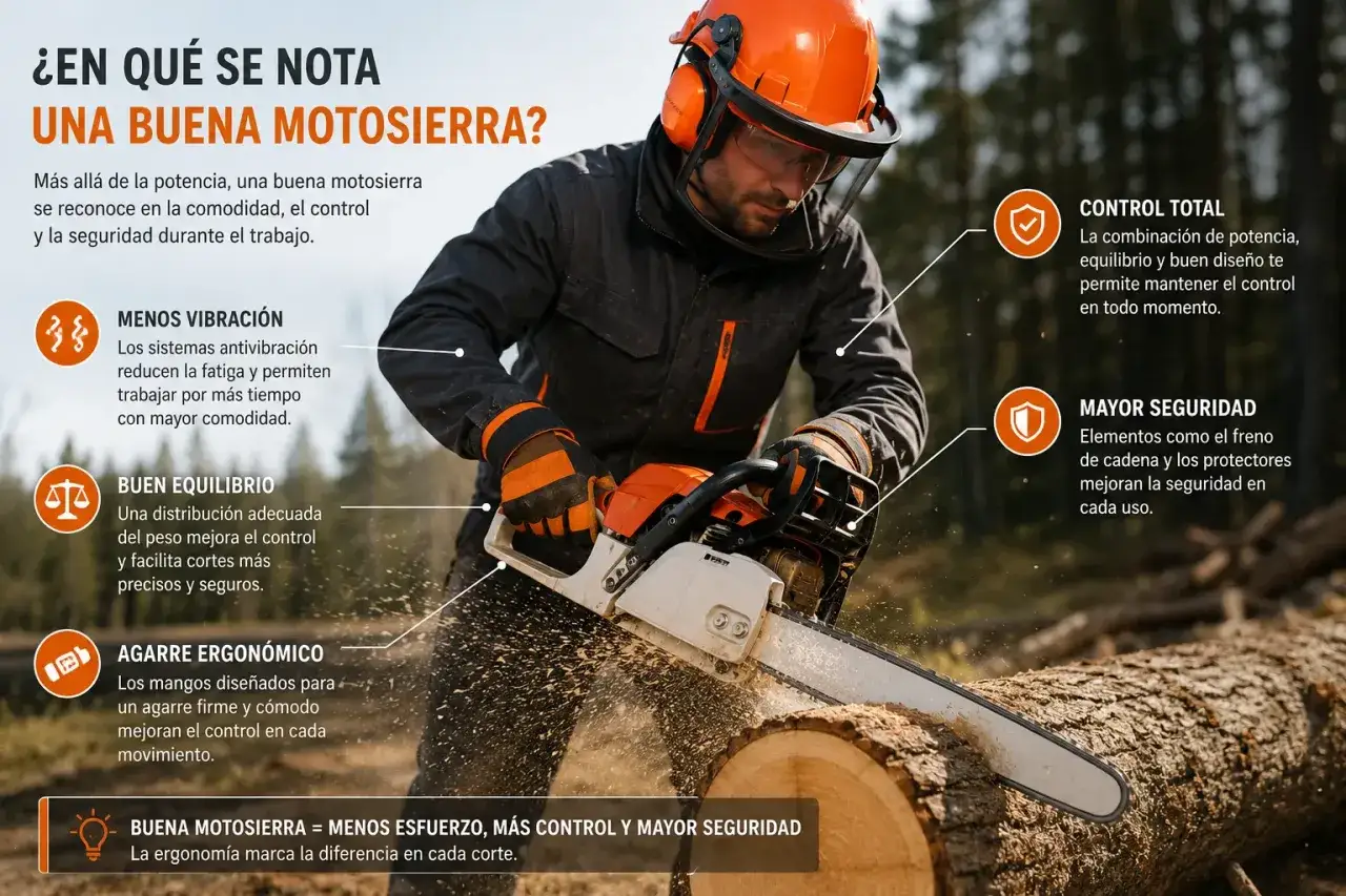 Hombre con equipo de seguridad usando una motosierra, destacando características de los diferentes tipos de motosierras: menos vibración, buen equilibrio, agarre ergonómico, control total y mayor seguridad.