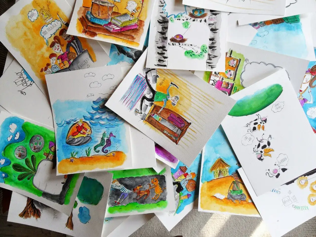 Kolorowe ilustracje do wierszy Juliana Tuwima dla dzieci: król na wyspie, krowy, kot i pies, ptaszki.