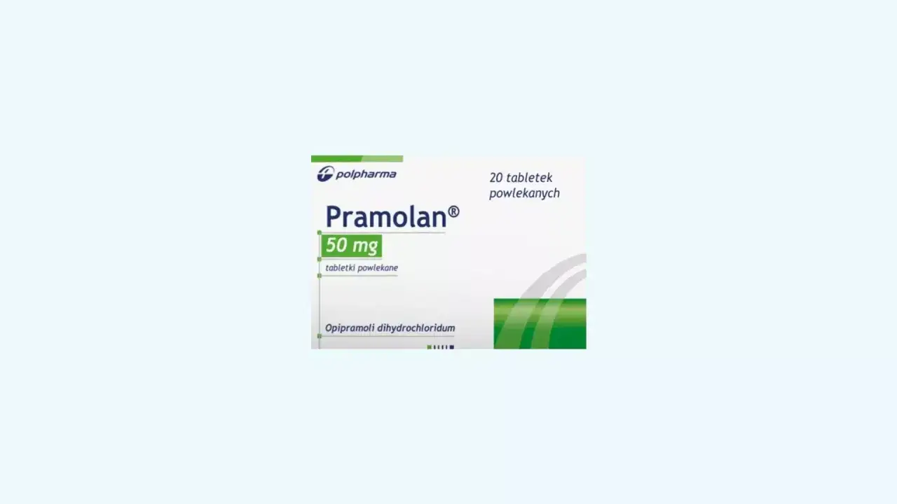 Opakowanie leku Pramolan 50 mg, zawierające 20 tabletek powlekanych. Stosowany na problemy z nastrojem.