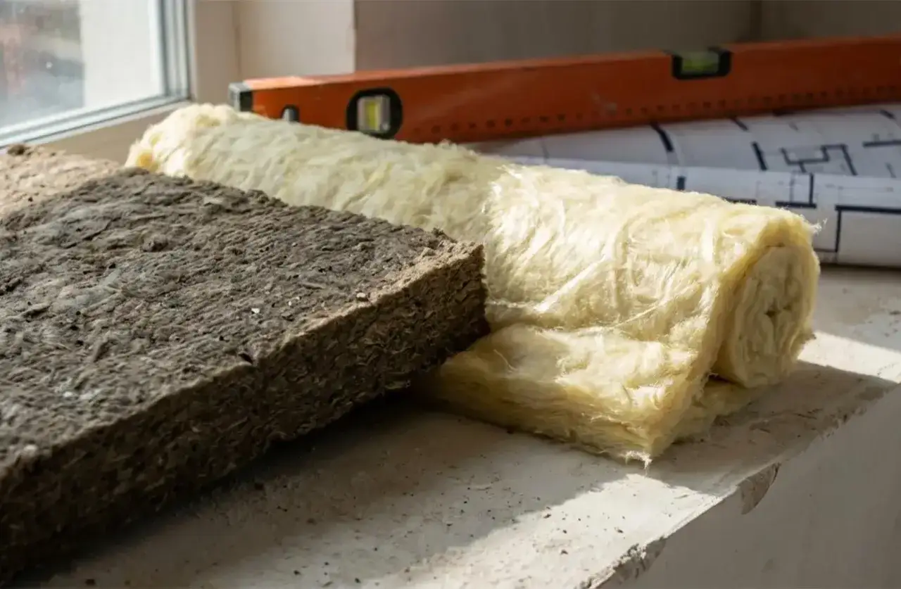 Dwa rodzaje wełny izolacyjnej: ciemna płyta i jasna rolka, leżą obok siebie na parapecie.