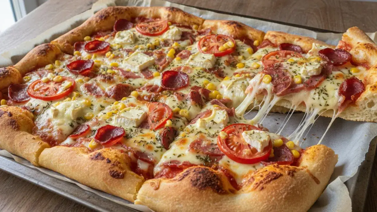 Pyszna pizza z serem, pomidorami i kukurydzą, pokazująca, jak powstaje pizza z ciągnącym się serem.