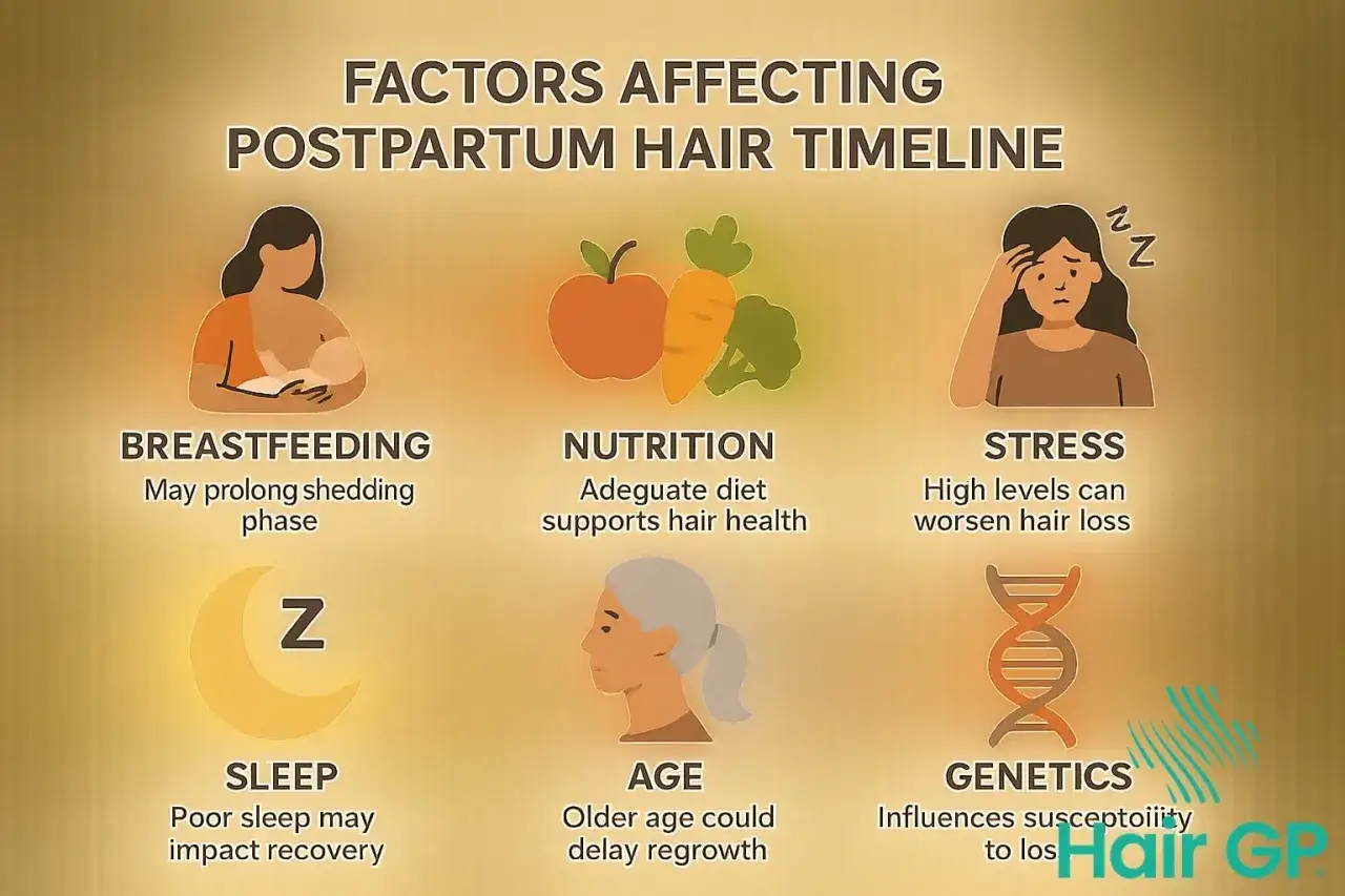 Factores que afectan la caída de pelo postparto: lactancia, nutrición, estrés, sueño, edad y genética.