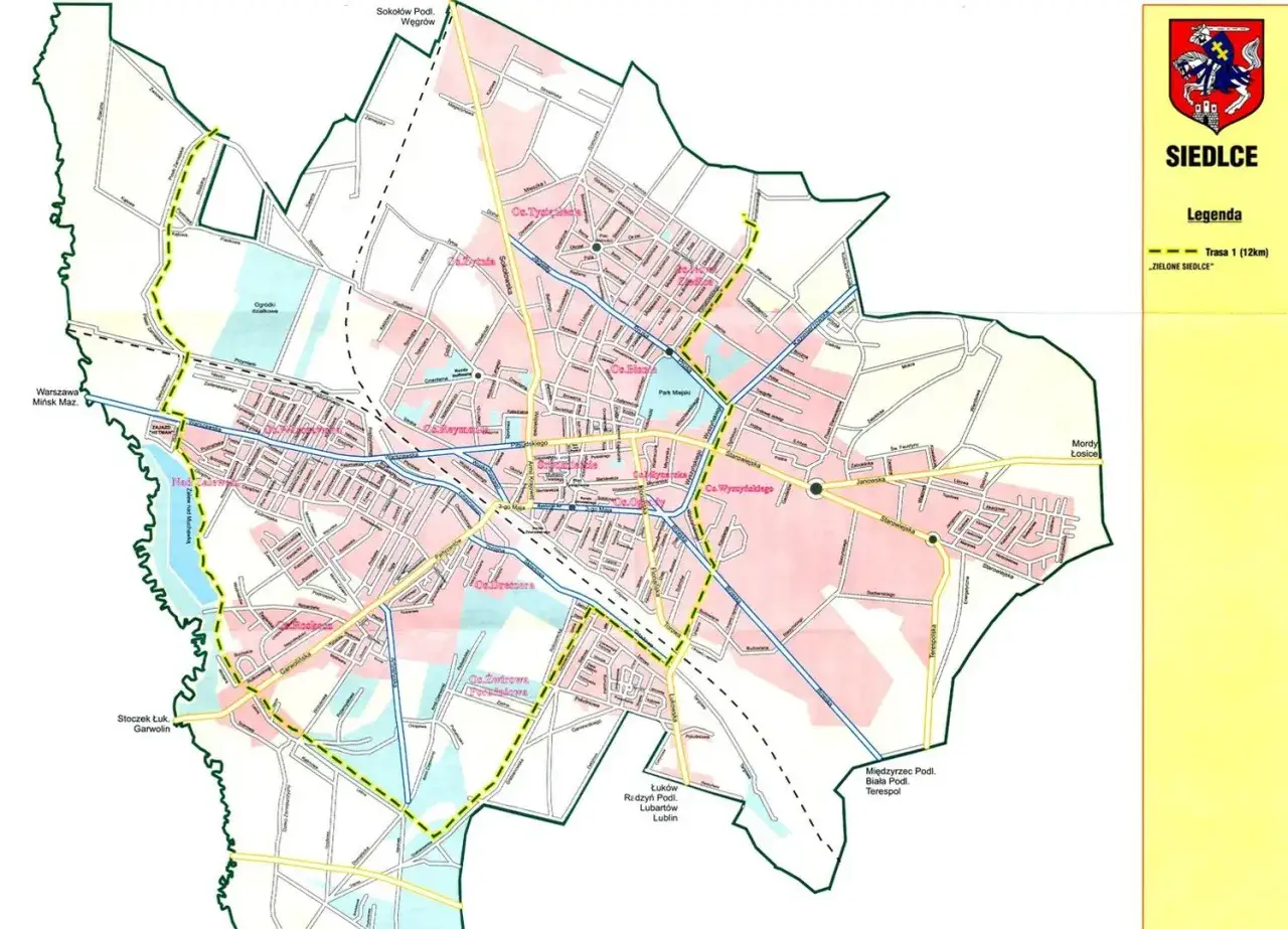 Mapa Siedlec z zaznaczonymi trasami rowerowymi, w tym 
