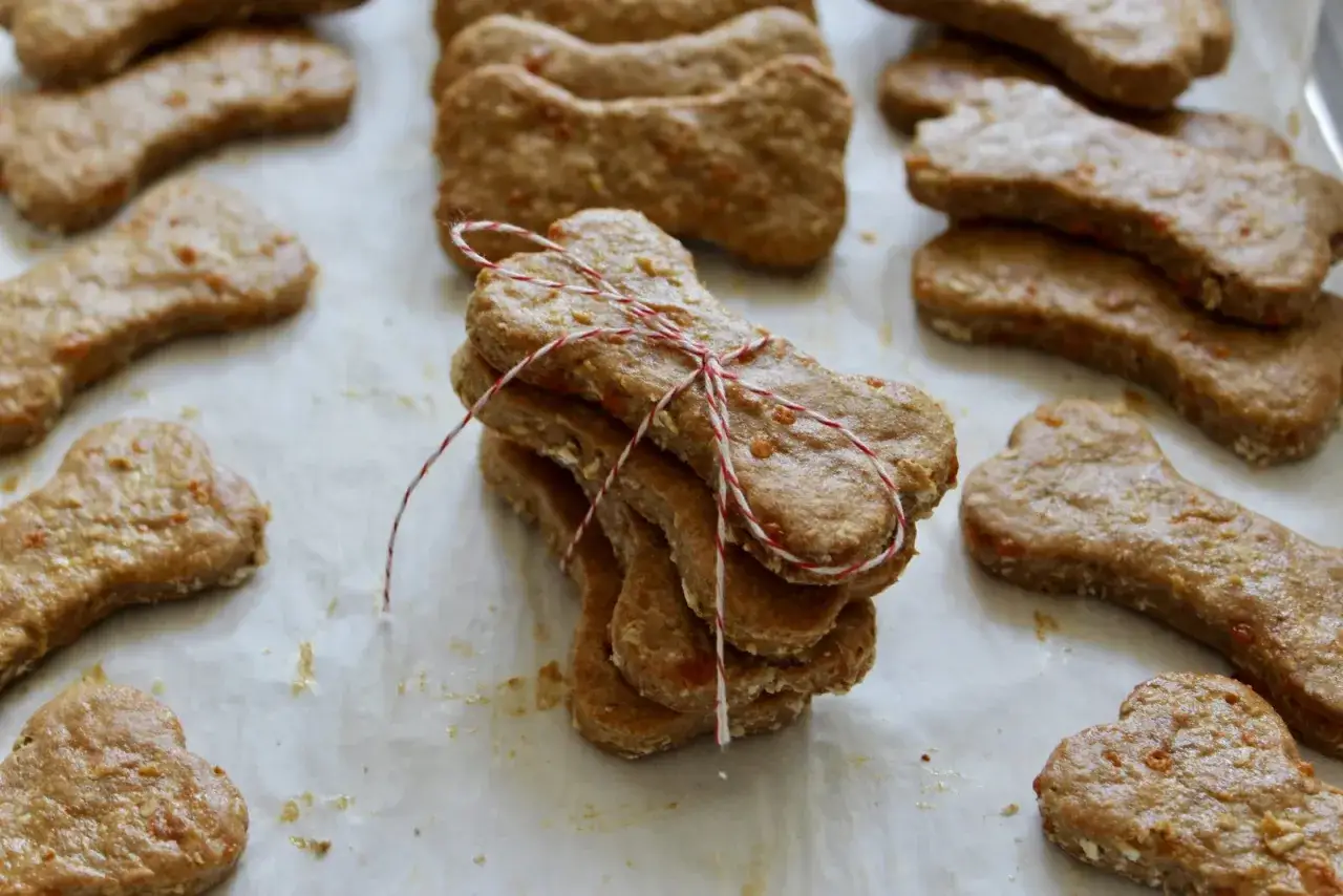 Deliciosas galletas para perros con forma de hueso, perfectas para aprender como hacer galletas para perros caseras.
