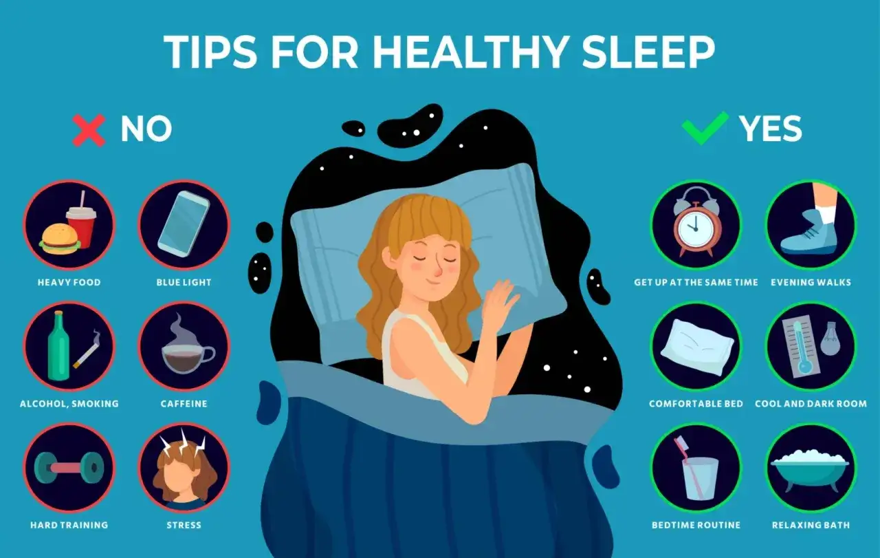 Tipps f&uuml;r gesunden Schlaf: Vermeide schweres Essen, blaues Licht, Alkohol, Rauchen, Koffein, hartes Training und Stress. Setze auf regelm&auml;&szlig;ige Aufstehzeiten, Abendspazierg&auml;nge, ein bequemes Bett, einen k&uuml;hlen, dunklen Raum, eine Abendroutine und ein en...