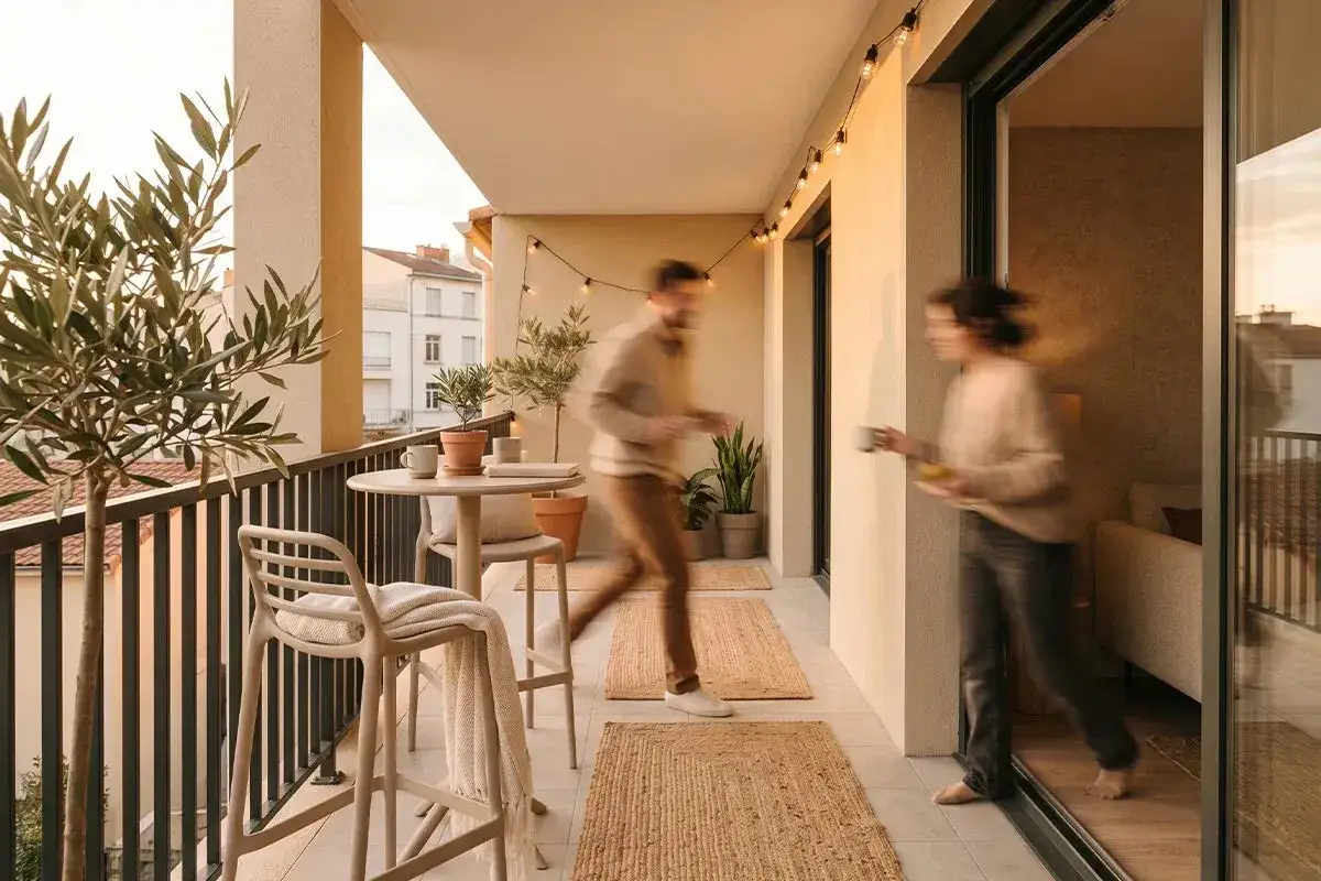 Arredare balcone piccolo con tavolino, sedie alte, piante e luci. Coppia si gode il tramonto.