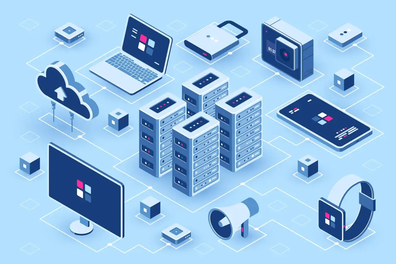 Vernetzte Ger&auml;te wie Server, Laptop, Smartphone und Smartwatch, die mit einer Cloud verbunden sind. Ein Schloss und eine Kamera deuten auf Sicherheit und &Uuml;berwachung hin. Die Darstellung erinnert an die Infrastruktur f&uuml;r den **akash coin**.