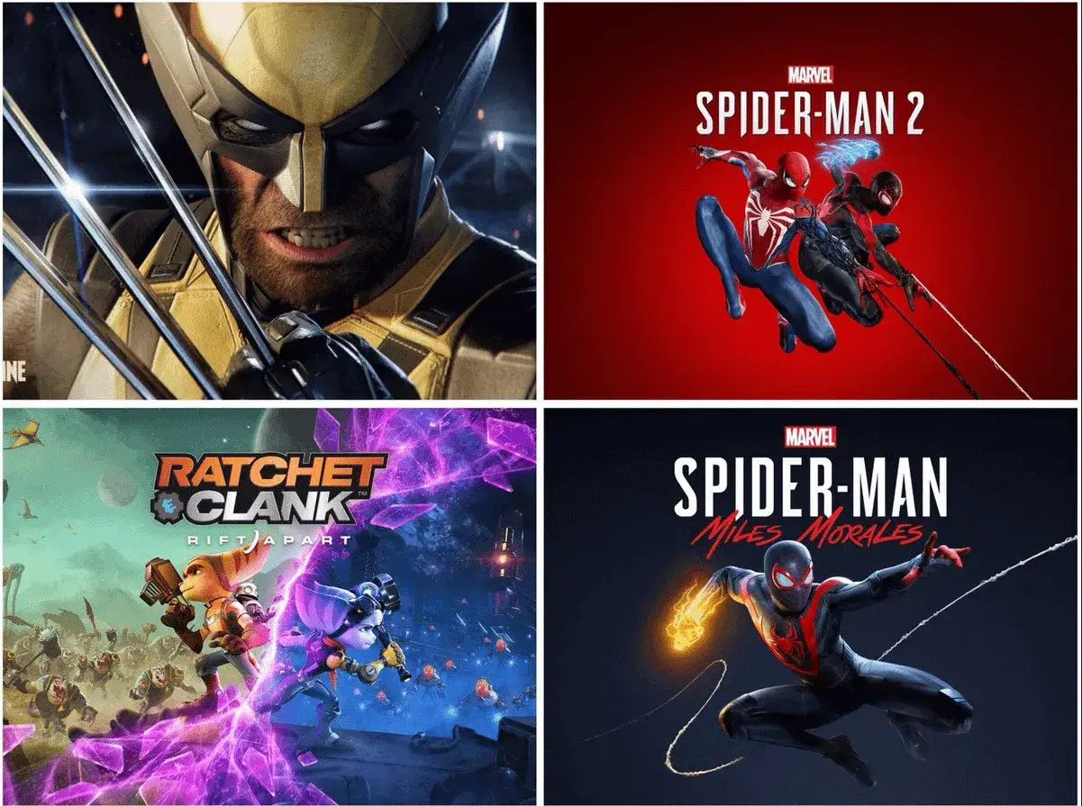 Wolverine, Spider-Man 2, Ratchet & Clank y Spider-Man Miles Morales, juegos de Insomniac Games.