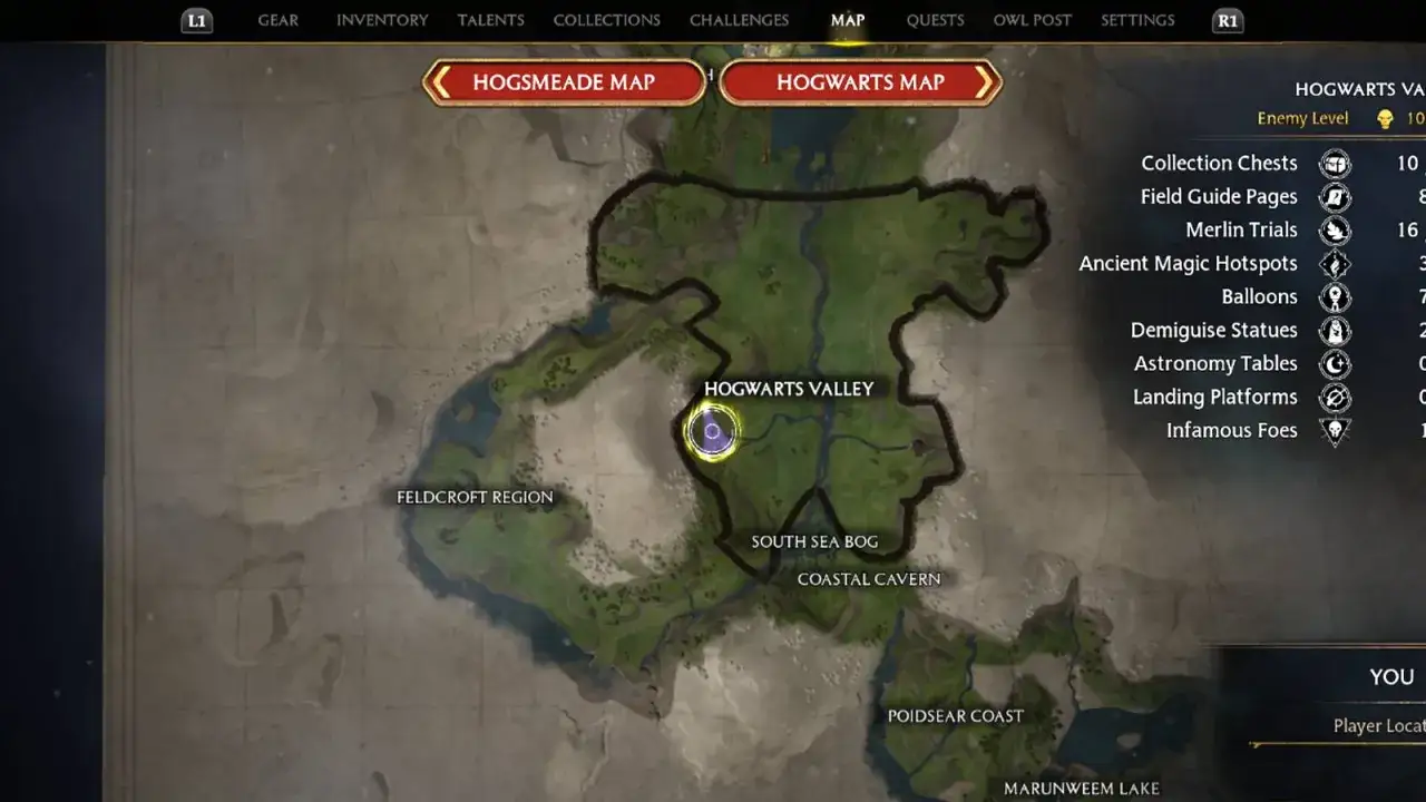 Mapa de Hogwarts Valley en Hogwarts Legacy, mostrando la ubicación de las pruebas de Merlín y otros coleccionables.