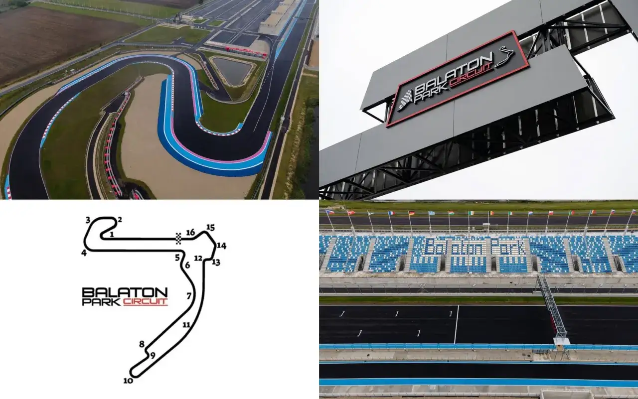 Il Balaton Park Circuit in Ungheria, pronto per accogliere gare di moto e auto. Vista aerea della pista e delle tribune.