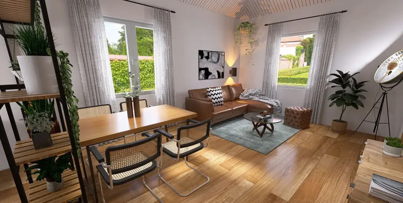 Gemütliches Wohnzimmer, das den **sofa und esstisch kombinieren**-Stil perfekt umsetzt. Braunes Ledersofa, Holztisch mit Rattanstühlen, Pflanzen und viel Licht.