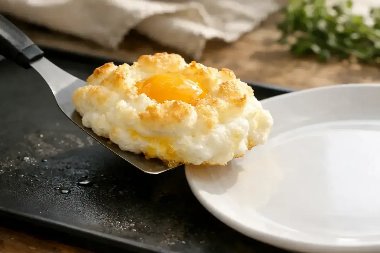 Un &oelig;uf nuage dor&eacute;, l&eacute;ger et a&eacute;rien, est servi sur une spatule, pr&ecirc;t &agrave; &ecirc;tre d&eacute;pos&eacute; sur une assiette blanche.