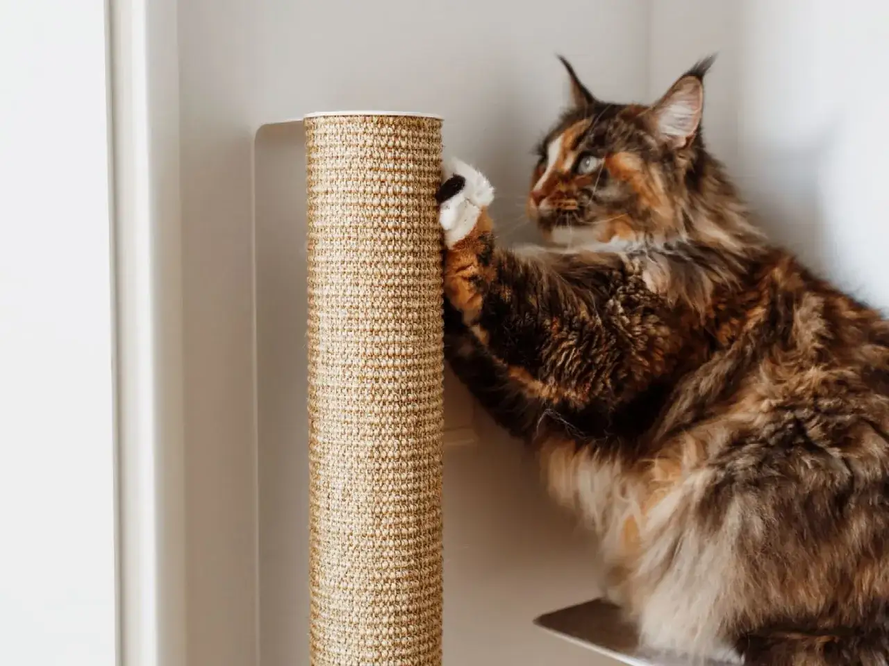 Eine Maine Coon-Katze mit langem Fell kratzt an einem Sisal-Kratzbaum. Das Entfernen von Katzenkrallen ist ein natürliches Bedürfnis.