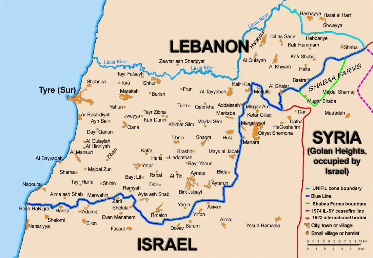 Mapa pokazuje granice Libanu, Syrii i Izraela. Wiele nazw miejscowości, rzek i stref granicznych. Czy w Izraelu jest bezpiecznie? Mapa nie udziela odpowiedzi, ale pokazuje złożoność regionu.
