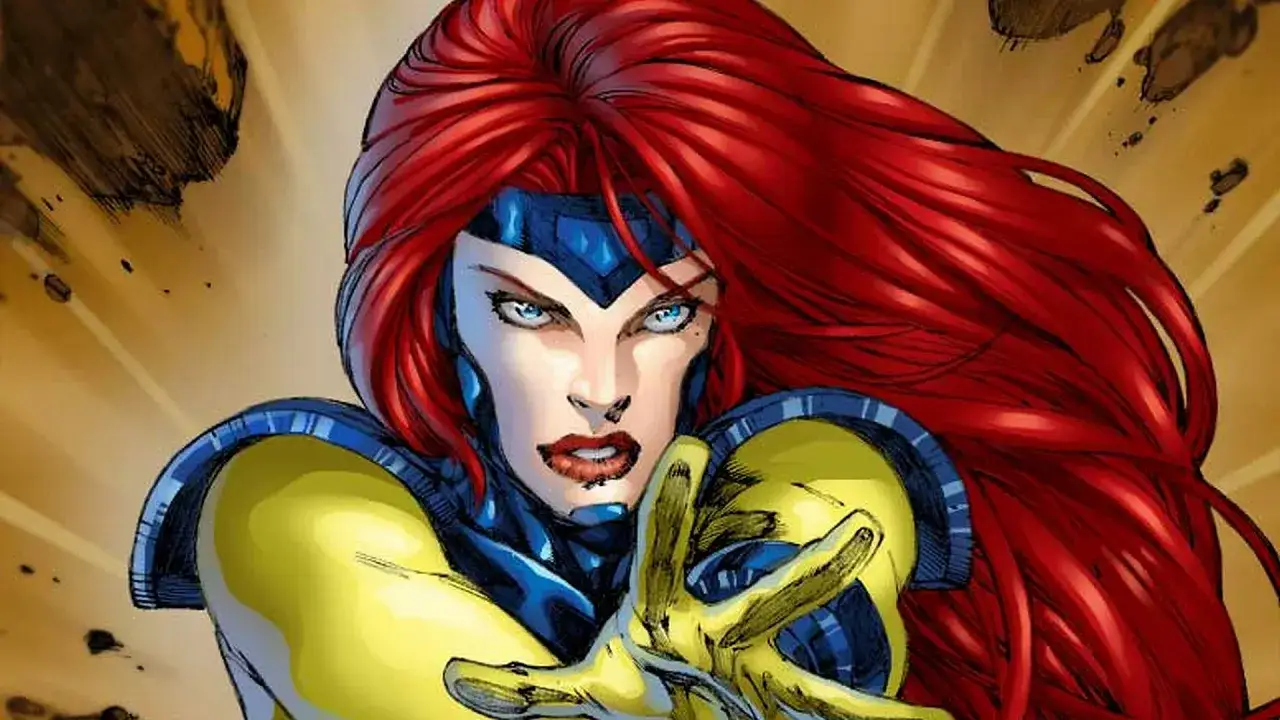 Jean Grey, una de los X-Men personajes, con su icónico cabello rojo y mirada intensa, lista para usar sus poderes.