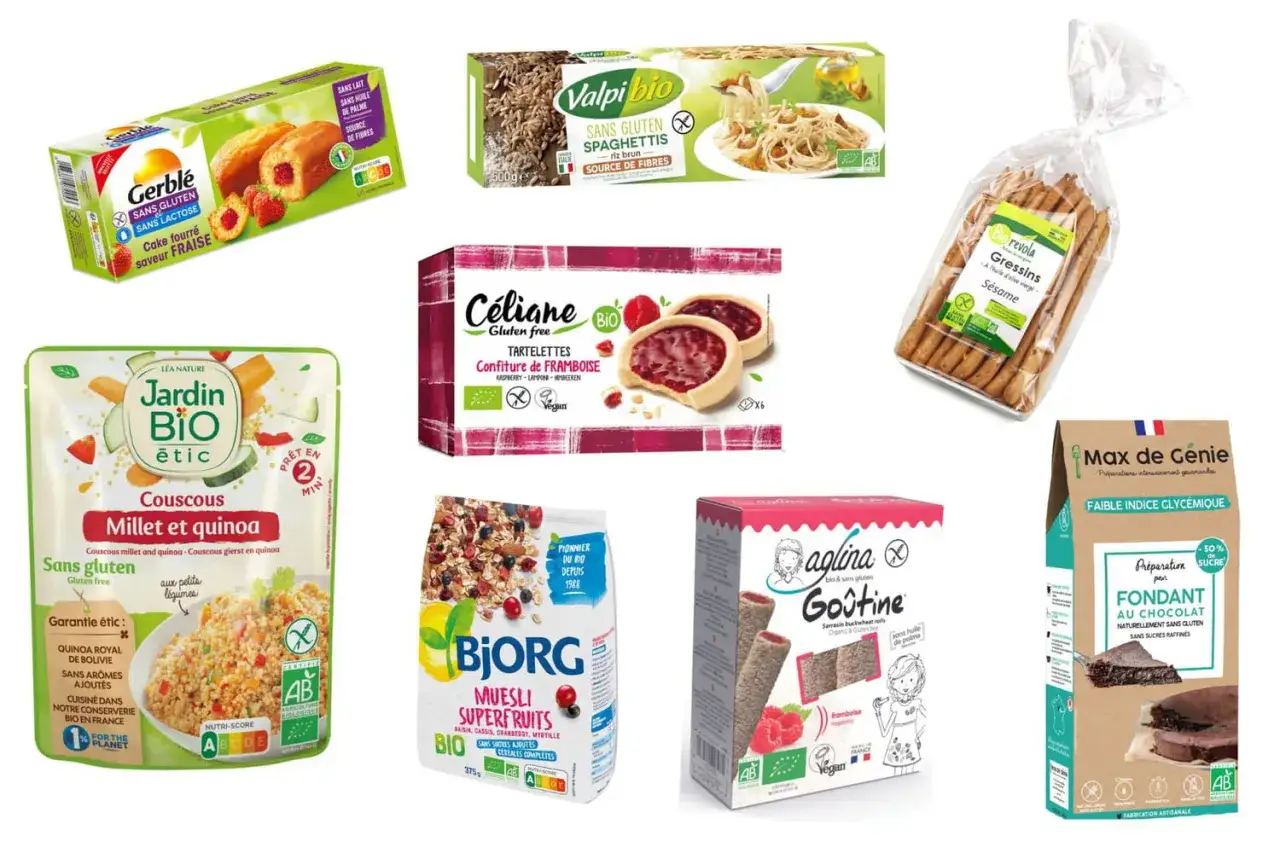 Assortiment de produits pour une alimentation sans gluten : g&acirc;teaux, p&acirc;tes, couscous, muesli, gressins, tartelettes et fondant au chocolat.