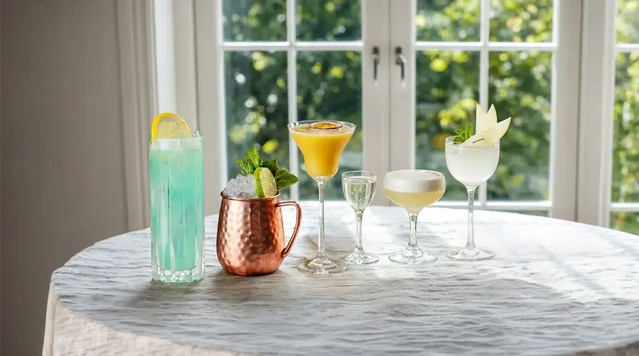 Fem f&auml;rgglada drinkar med klar is och garnityr st&aring;r uppradade p&aring; ett dukat bord.