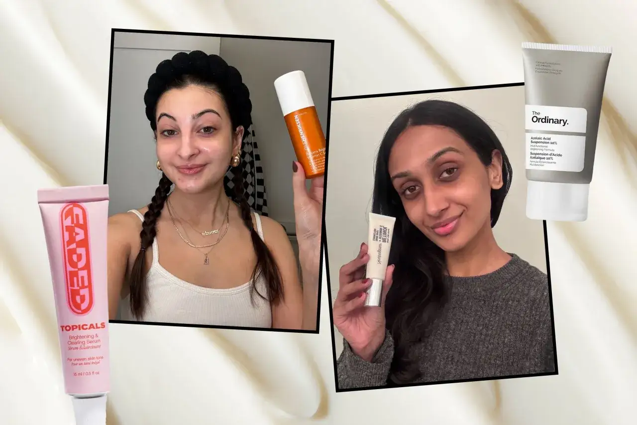 Dos mujeres muestran productos para **tratamientos despigmentantes**: un s&eacute;rum de Topicals, un suero de Ole Henriksen y una suspensi&oacute;n de The Ordinary.