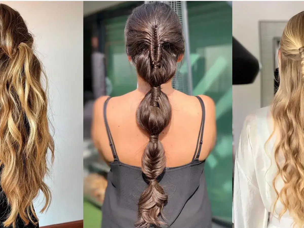 Tres estilos de recogidos pelo largo: trenza de cascada, cola de burbujas y trenza retorcida.