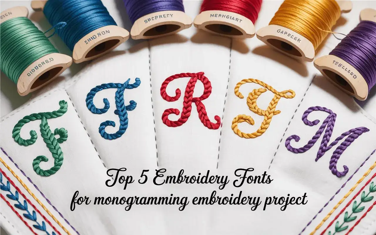Embroidered letters F, R, F, M in vibrant colors showcase what is monogrammed. Spools of thread sit above, ready for a monogramming project.