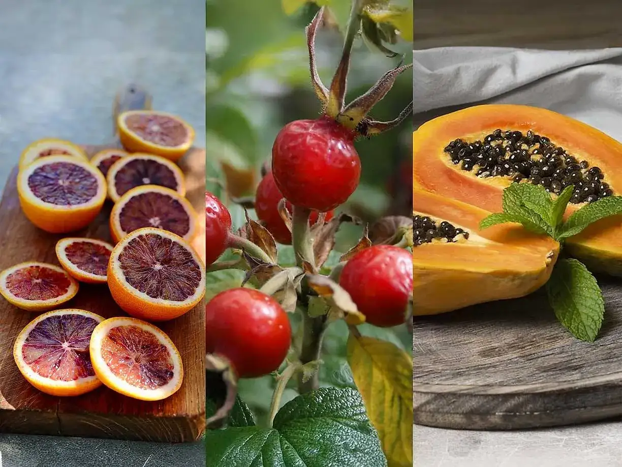 Blodapelsiner, nypon och papaya &ndash; frukter rika p&aring; C-vitamin, bra f&ouml;r att f&ouml;rebygga c vitamin brist.