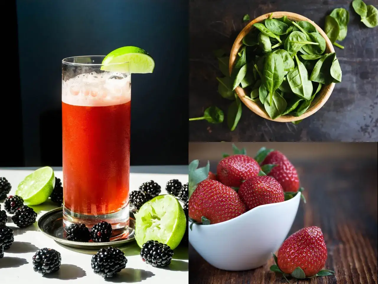 Verre de cocktail rouge, mûres, citrons verts et fraises. Un délice fruité, peut-être un rhum arrangé fraise.