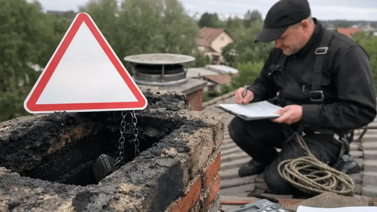 Kominiarz na dachu spisuje protokół. Znak ostrzegawczy obok komina sugeruje brak przeglądu kominiarskiego.