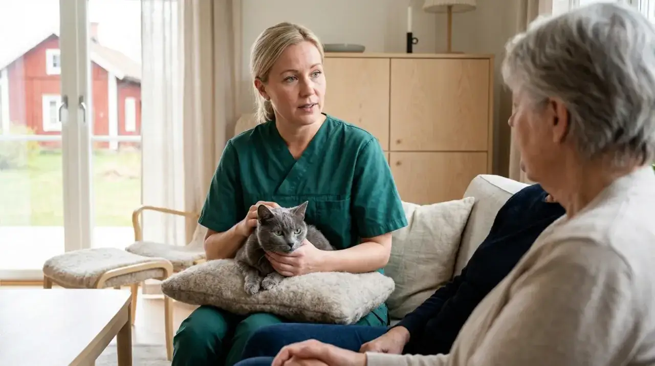 Veterinär tröstar äldre kvinna medan hon håller en grå katt. Katten bits inte, men hon verkar orolig.