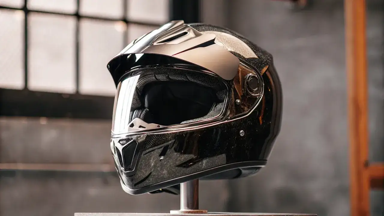 Casco de moto caro, negro brillante con detalles plateados, visera y ventilación futurista.