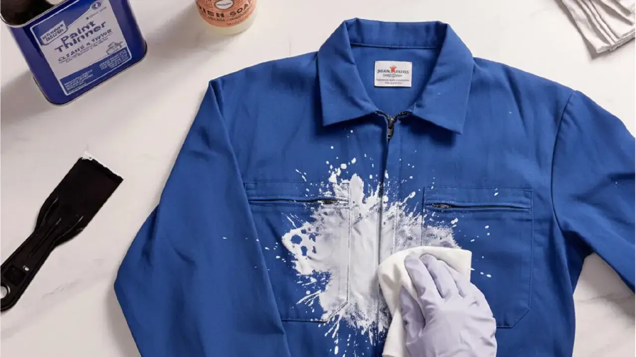 Nettoyer peinture acrylique sèche sur une veste bleue. Un gant en latex tamponne la tache avec un chiffon blanc. Un pot de diluant à peinture et une spatule sont à proximité.