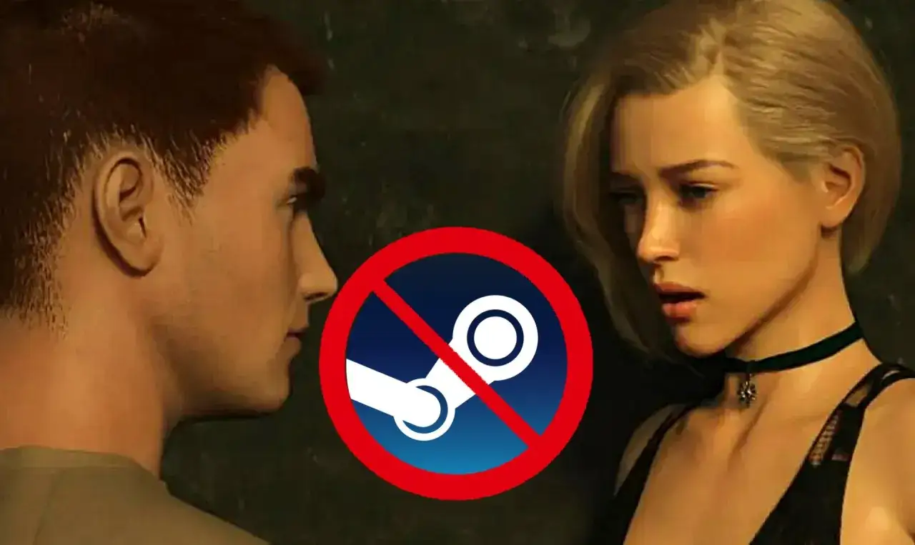 Para, która patrzy na siebie, z przekreślonym logo Steam. To jakby zapowiedź gry no mercy game, która nie pojawi się na tej platformie.