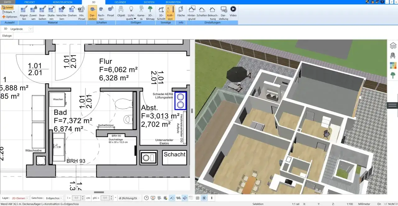Ein detaillierter Grundriss Architektur mit 3D-Ansicht zeigt die Planung eines Hauses, inklusive R&auml;umen wie Bad und Flur.