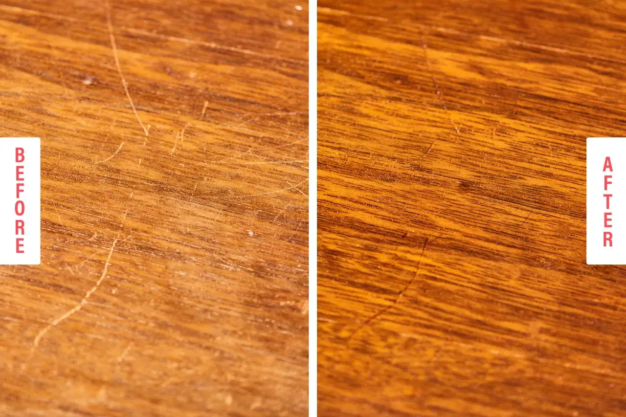 Avant/apr&egrave;s : une rayure sur une table en bois, d&eacute;sormais effac&eacute;e.